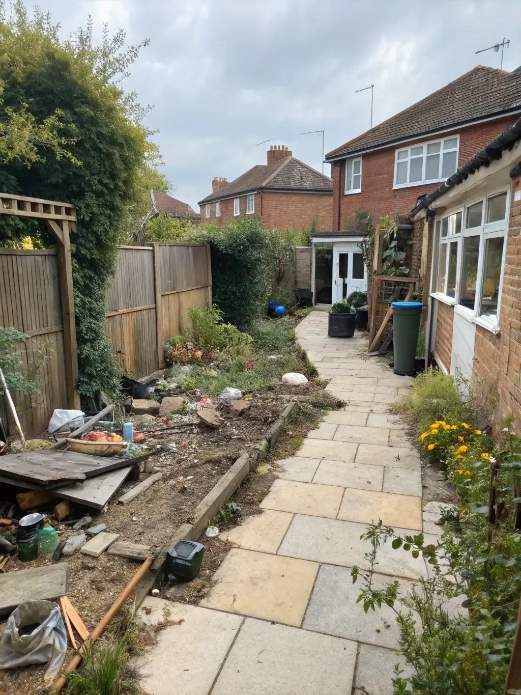 A pile of yard waste including branches, leaves, and old gardening equipment before junk removal, contrasted with a clean and tidy yard after B&T Junk Removal has removed all the debris.