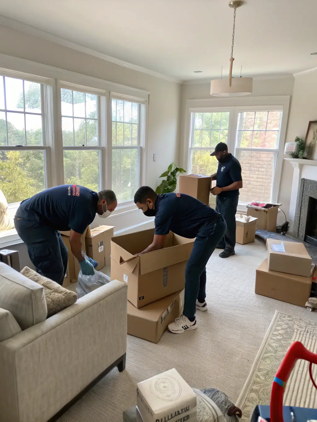 A brightly lit living room before junk removal, filled with old furniture, boxes, and clutter, contrasted with the same room after B&T Junk Removal has cleared everything out, showcasing a clean and spacious environment.