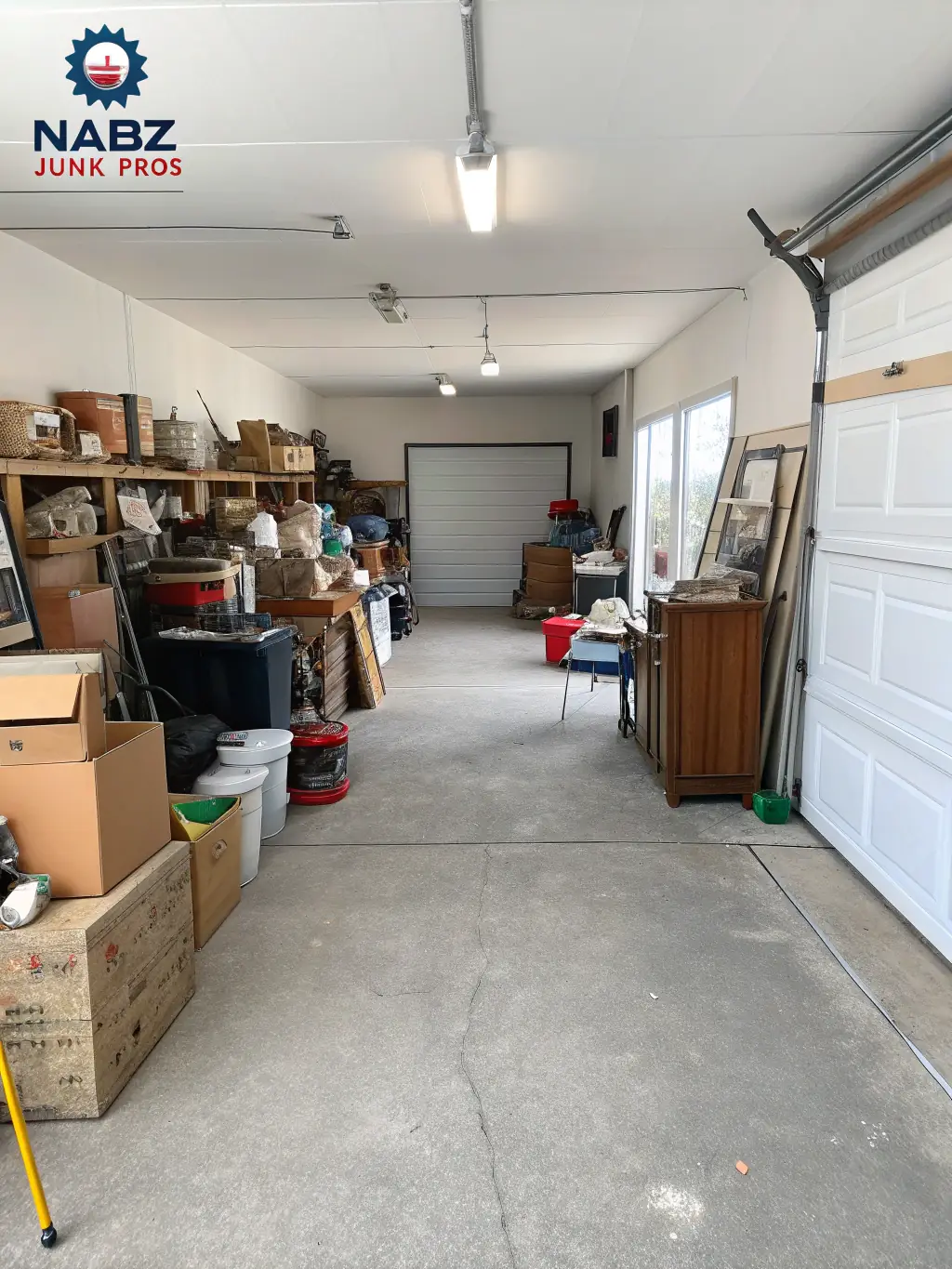 A garage filled with various unwanted items such as old tires, tools, and boxes before junk removal, contrasted with the same garage after B&T Junk Removal has cleared everything out, showcasing an organized and usable space.